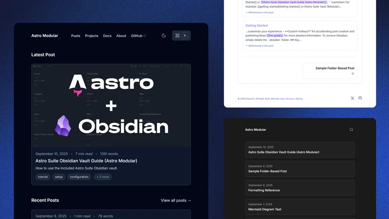 Astro Modular preview, showing different theme and layout options.