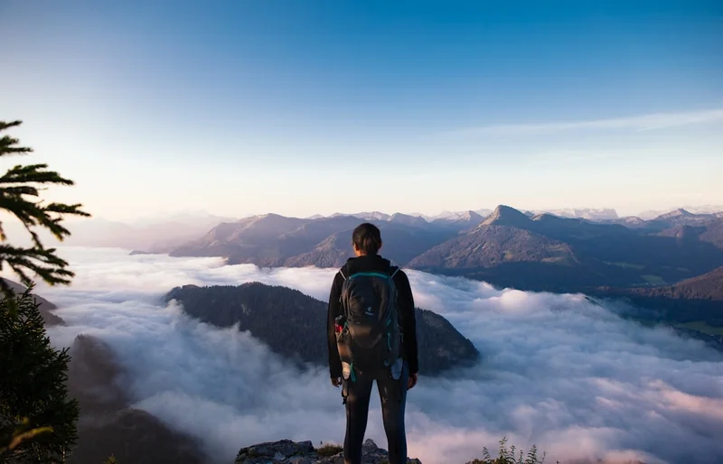 Photograph of an individual looking out over a mountain range from an elevated position